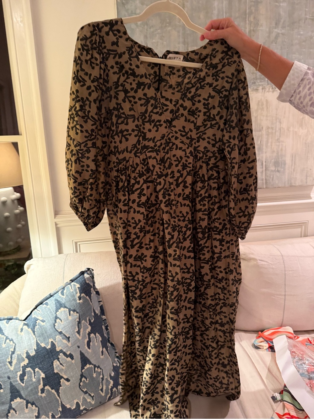 Mirth Olive Green Maxi Dress with Black Leaf Print